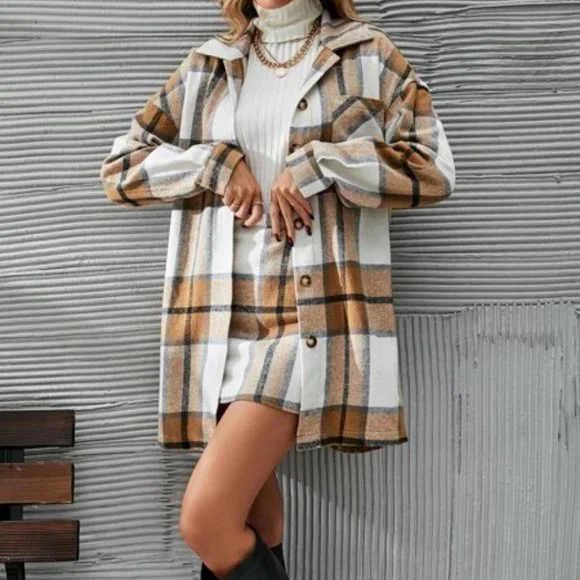 2 piece set Plaid Print Button Front Overcoat & Skirt Tan - Picture 5 of 6